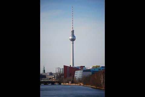 Berlin’s TV tower, as seen from the Oberbaumbrücke in Kreuzberg